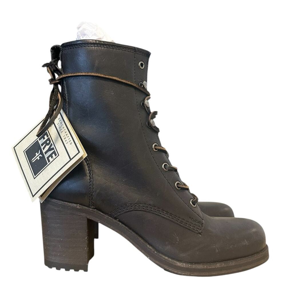 Vintage Frye Karen Black Leather Lace Up Block Heel Boots Size 10